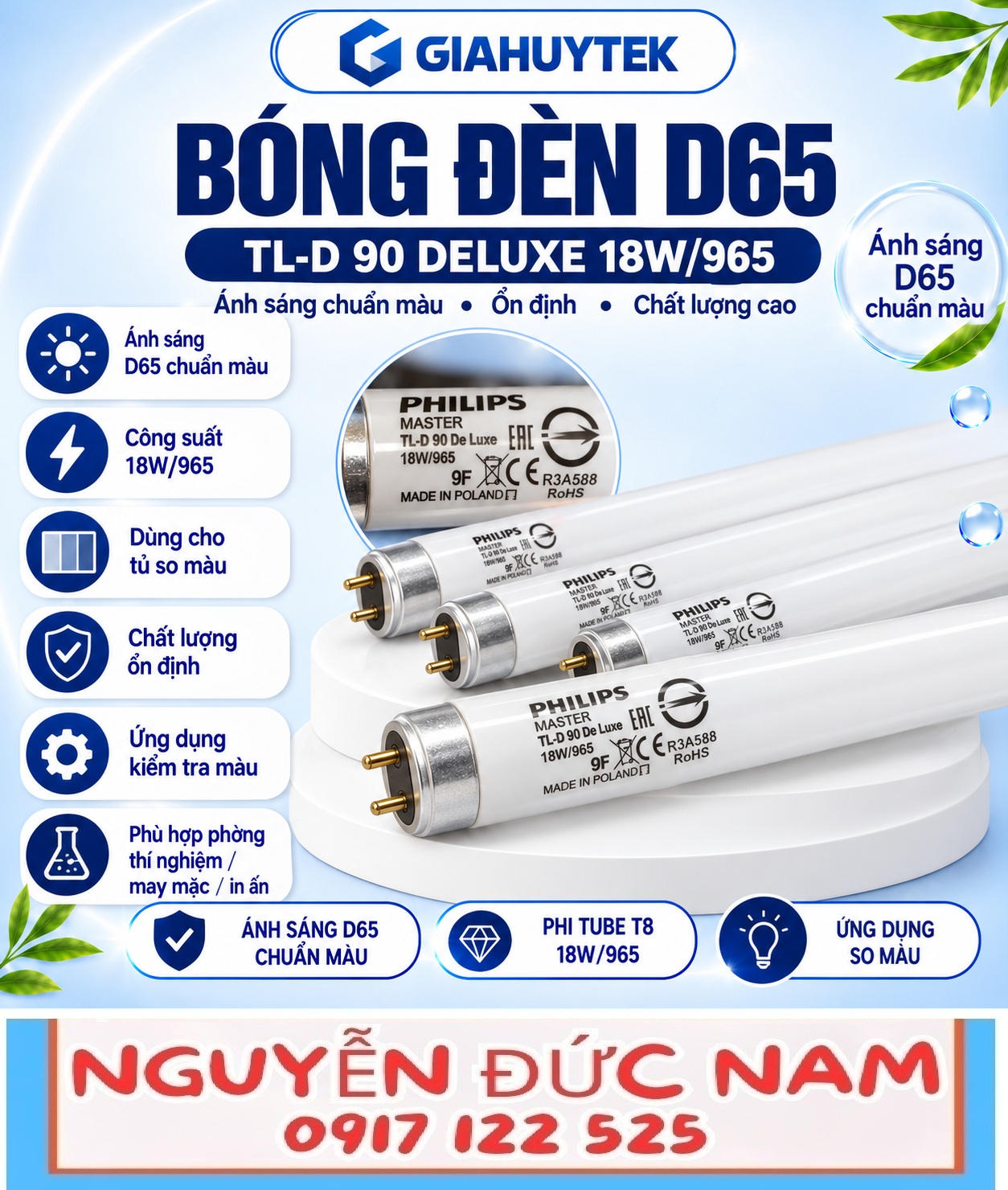 Bóng đèn Philips MASTER TL-D 90 De Luxe 18W/965 T8 chân G13 dùng cho so màu