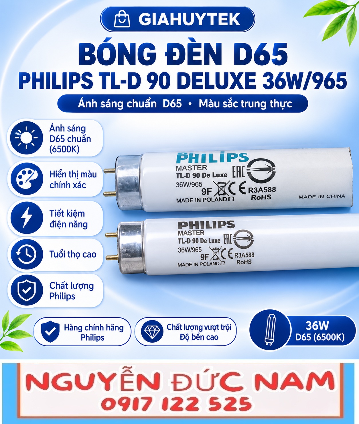 Bóng Philips MASTER TL-D 90 De Luxe 36W/965 T8 chân G13, 6500 K